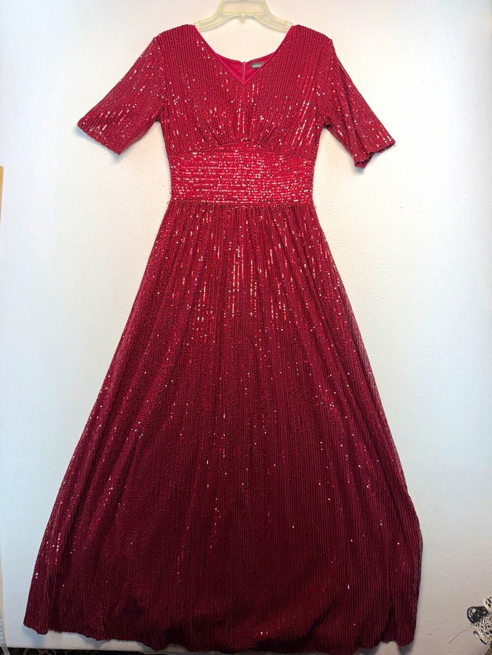 SHEIN Burgundy Sequin V-Neck Short Sleeve Maxi A-Line Party Dress M/US 6